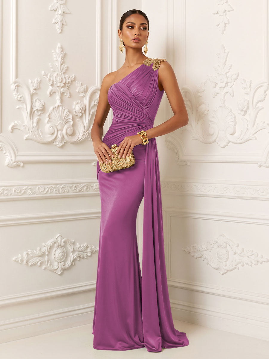 Satin Mermaid One Shoulder Pleats Ruffles Evening Dresses