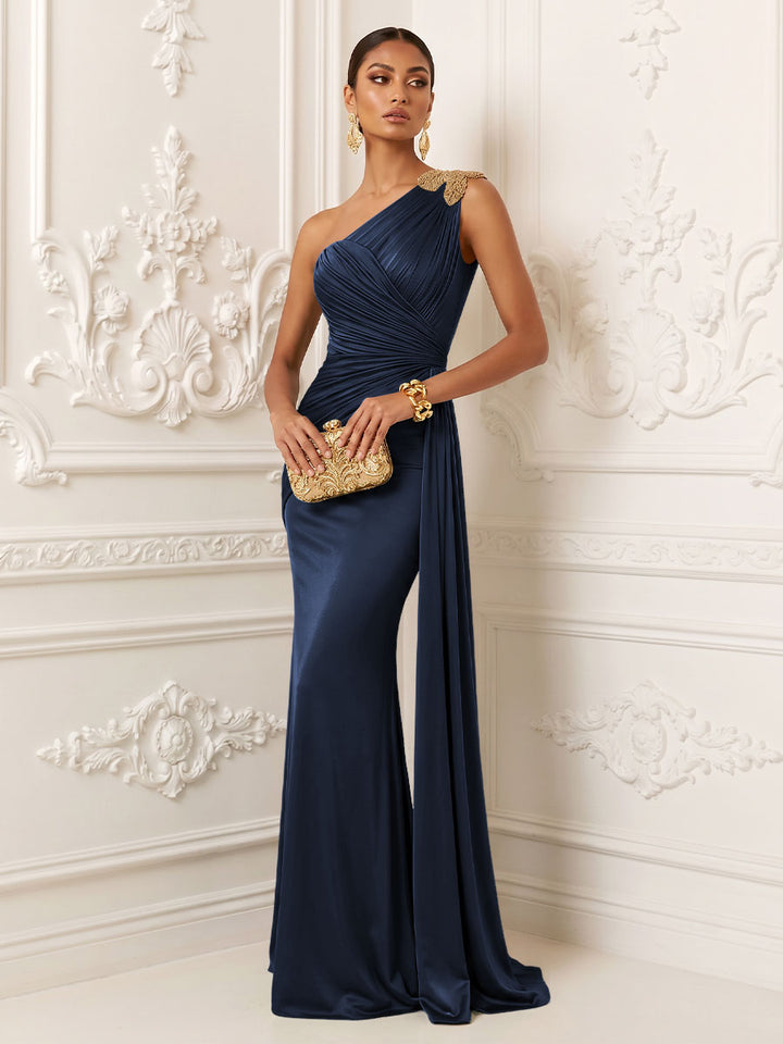 Satin Mermaid One Shoulder Pleats Ruffles Evening Dresses