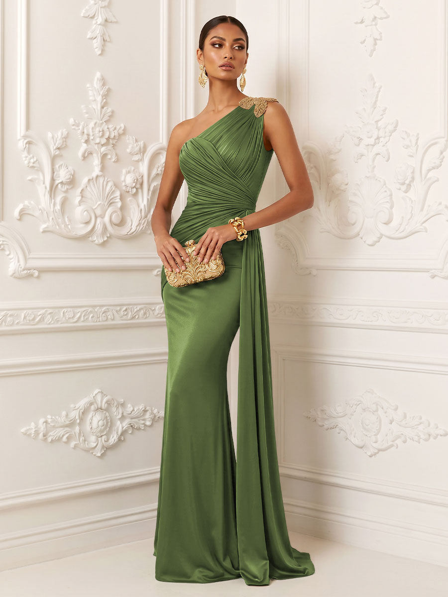Satin Mermaid One Shoulder Pleats Ruffles Evening Dresses