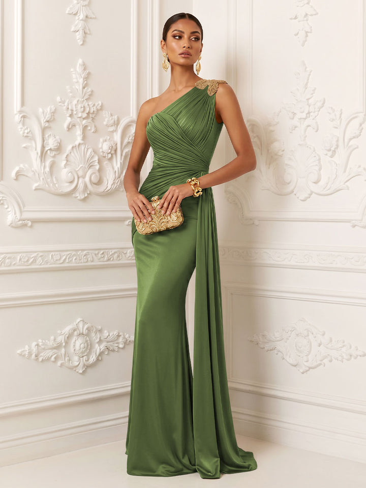 Satin Mermaid One Shoulder Pleats Ruffles Evening Dresses