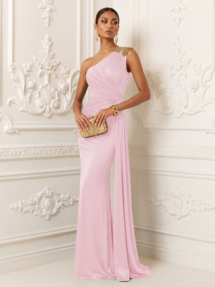 Satin Mermaid One Shoulder Pleats Ruffles Evening Dresses