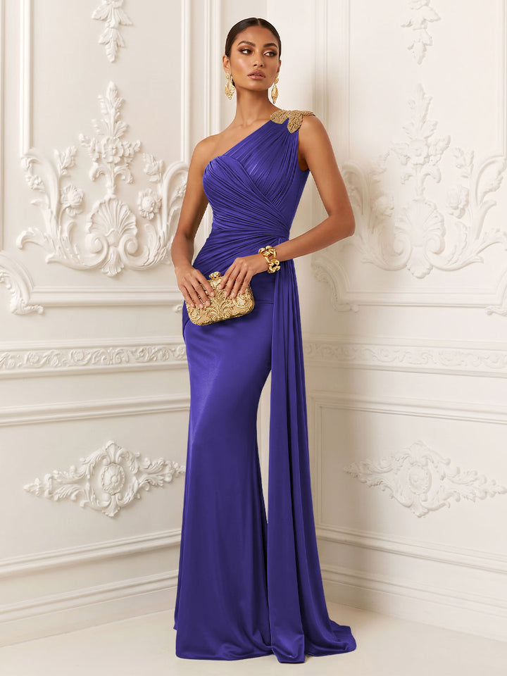 Satin Mermaid One Shoulder Pleats Ruffles Evening Dresses