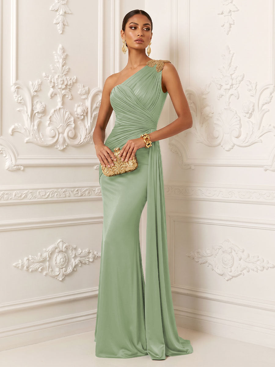 Satin Mermaid One Shoulder Pleats Ruffles Evening Dresses