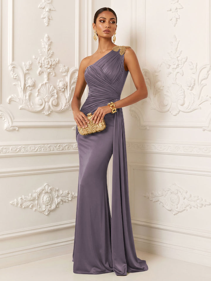Satin Mermaid One Shoulder Pleats Ruffles Evening Dresses