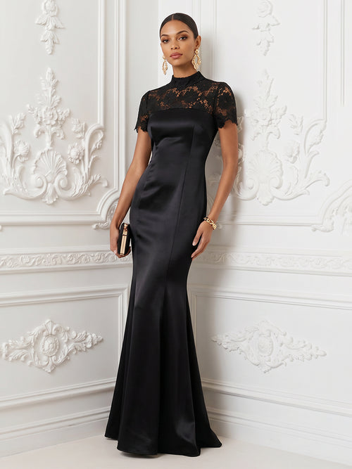Satin Mermaid High Neck Lace Appliques Corset Evening Dresses