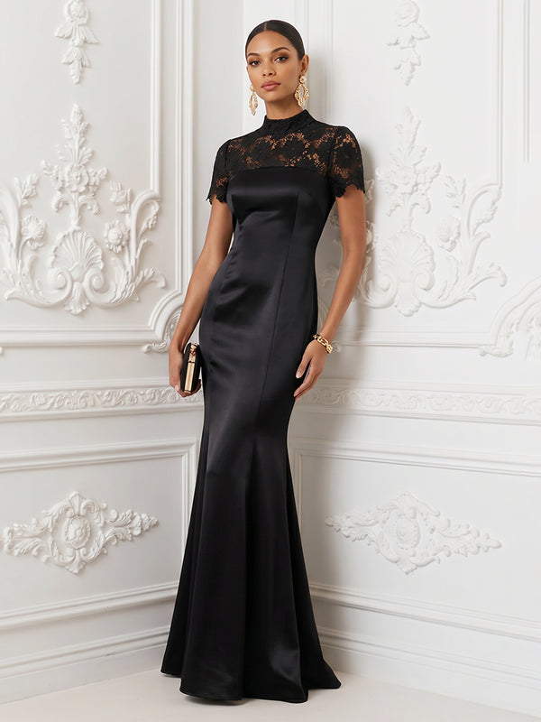 Satin Mermaid High Neck Lace Appliques Corset Evening Dresses
