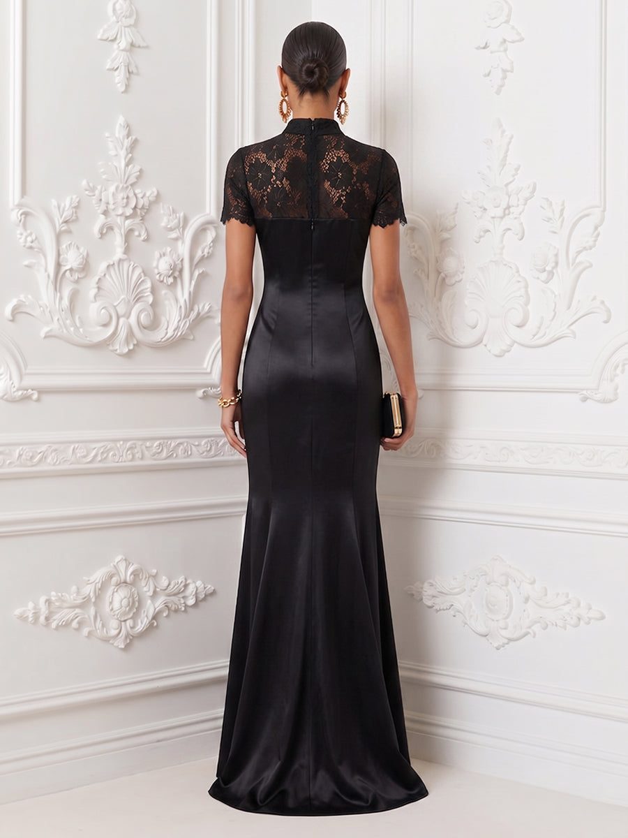 Satin Mermaid High Neck Lace Appliques Corset Evening Dresses