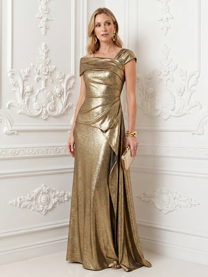 Metallic Satin Mermaid Off the Shoulder Ruched Ruffles Evening Dresses