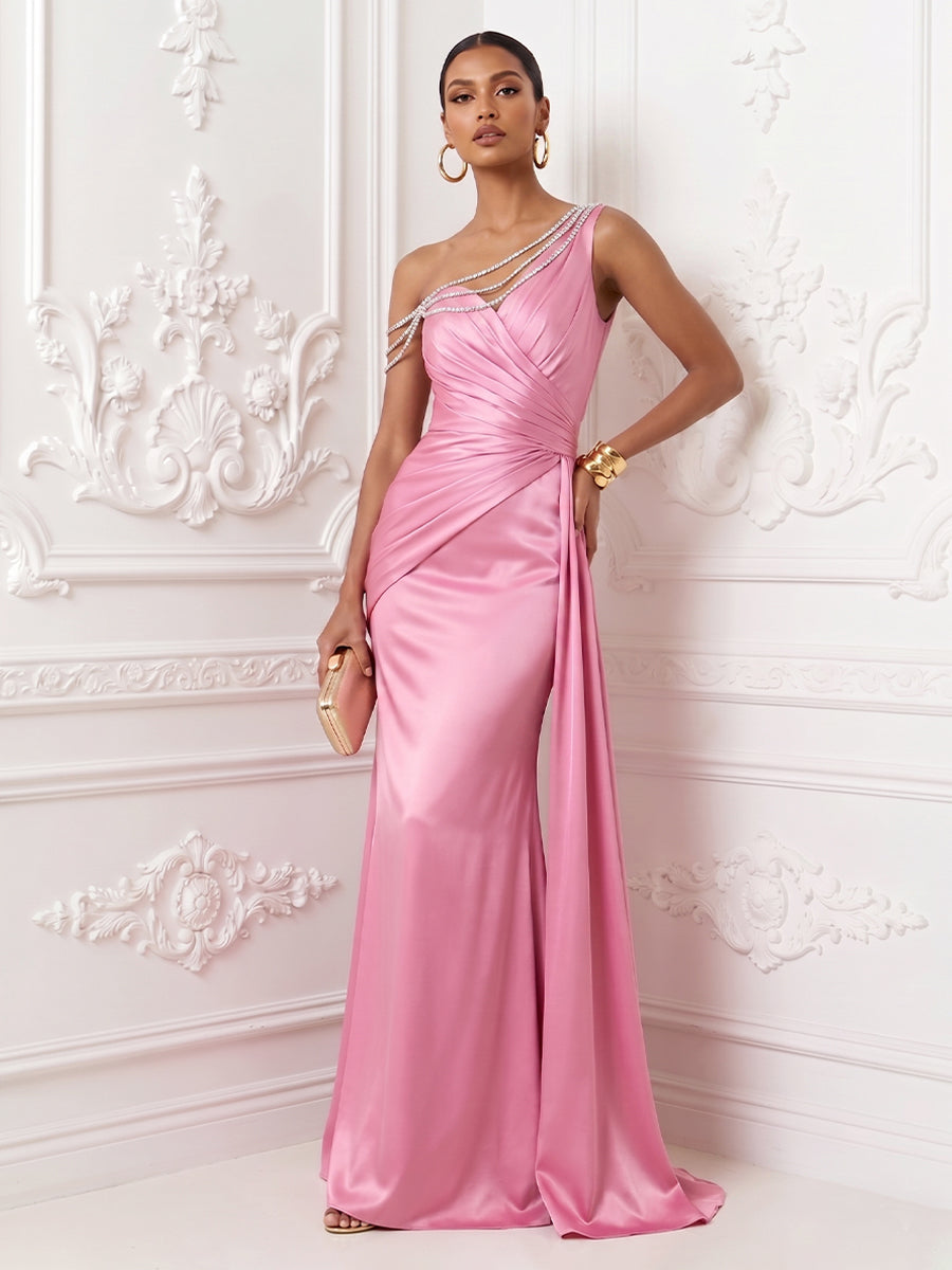 Satin Mermaid One Shoulder Ruffles Ruched Evening Dresses