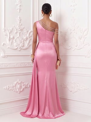Satin Mermaid One Shoulder Ruffles Ruched Evening Dresses