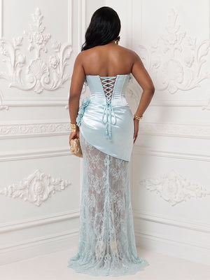 Satin Sheath Sweetheart 3D Flowers Lace Appliques Evening Dresses