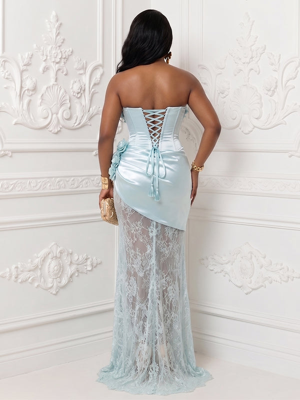 Satin Sheath Sweetheart 3D Flowers Lace Appliques Evening Dresses