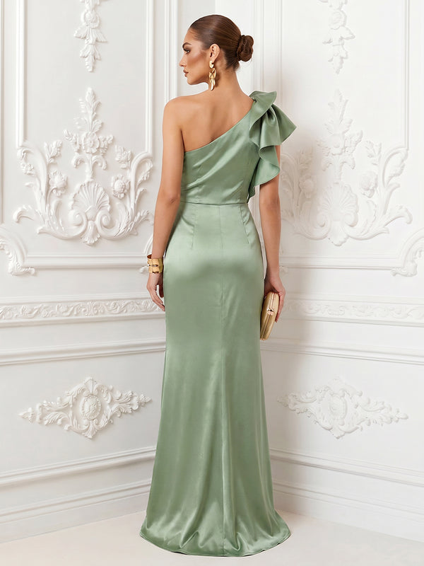 Satin Mermaid One Shoulder Ruffles Corset Evening Dresses