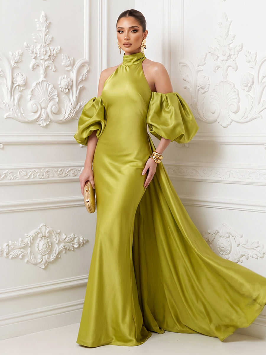 Satin Sheath High Neck Corset Ruffles Evening Dresses