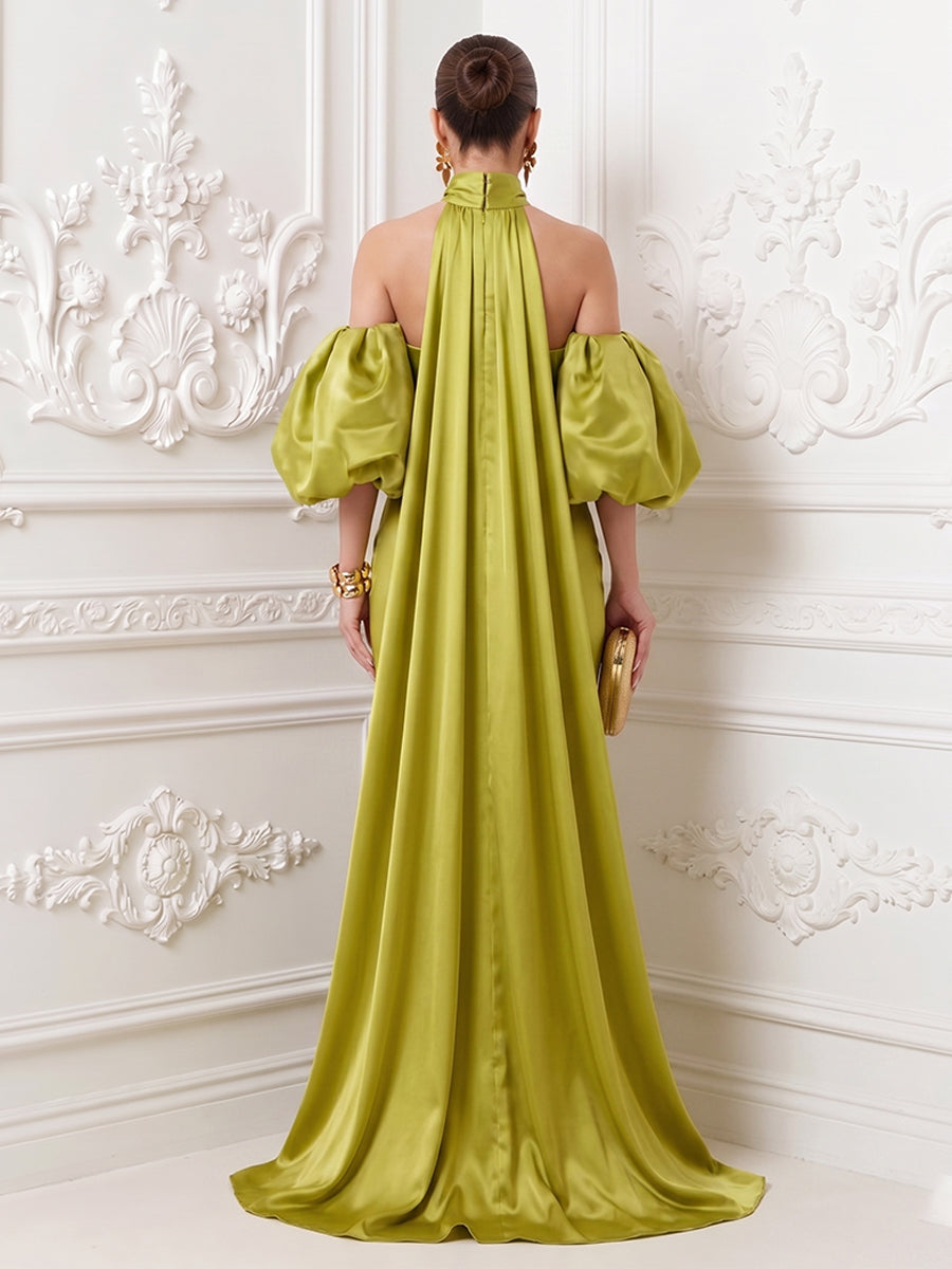 Satin Sheath High Neck Corset Ruffles Evening Dresses