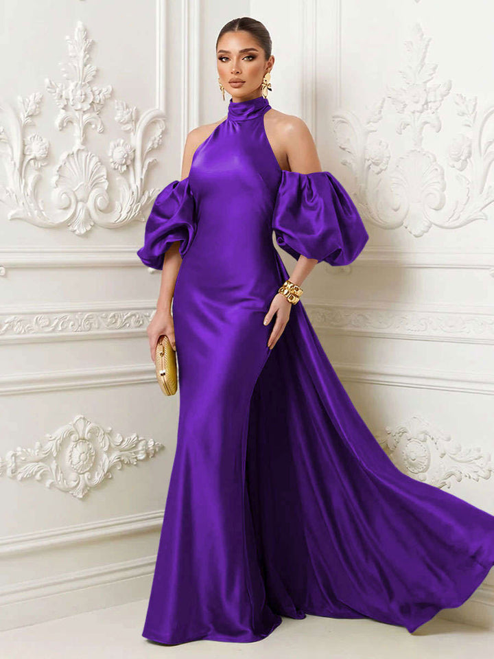 Satin Mermaid High Neck Puff Sleeves Evening Dresses with Draped Sash