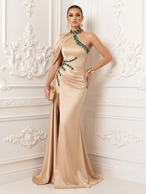 Satin Mermaid One Shoulder Slit Corset Evening Dresses