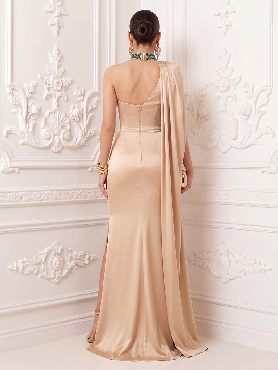 Satin Mermaid One Shoulder Slit Corset Evening Dresses
