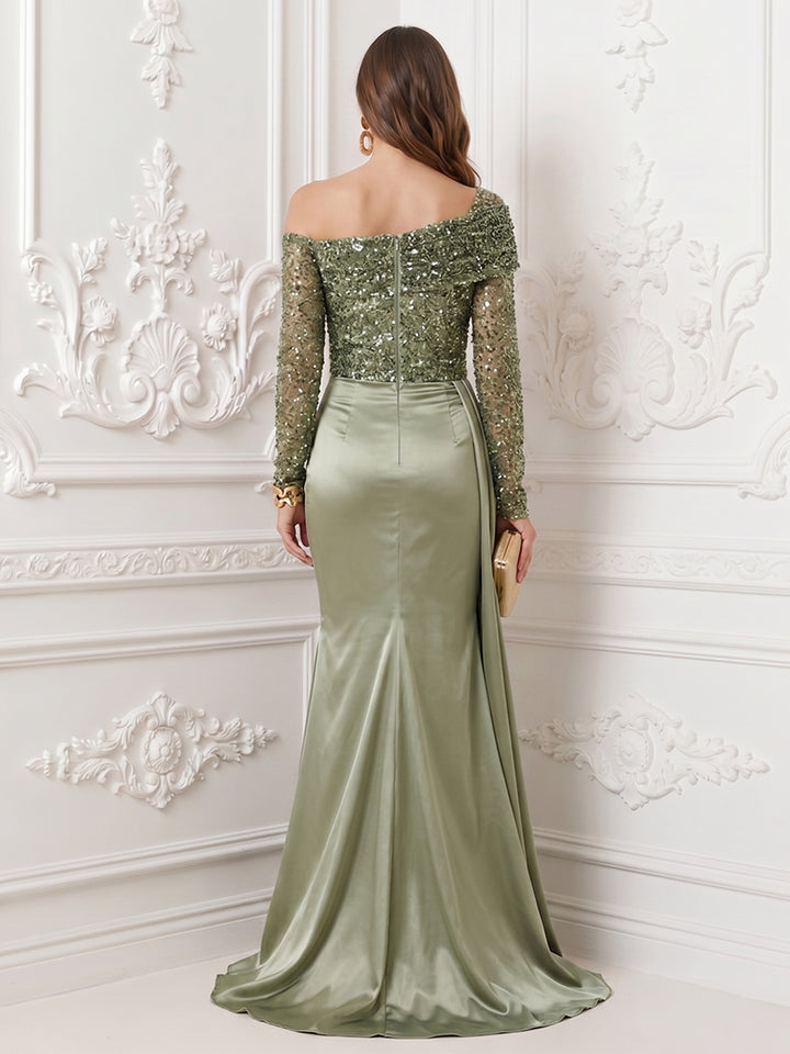 Satin Mermaid Off the Shoulder Sequin Ruffles Evening Dresses