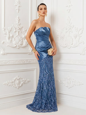 Satin Sheath Strapless Ruched Corset Evening Dresses