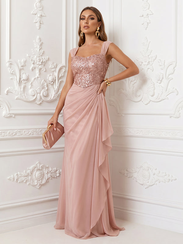 Satin Mermaid Square Neck Ruffles Ruched Evening Dresses