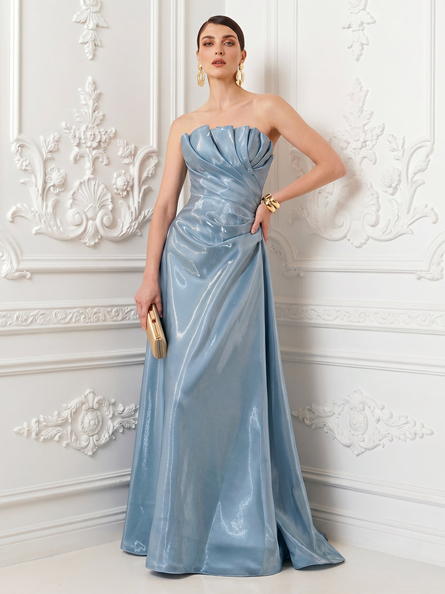 Satin A Line Strapless Corset Ruched Evening Dresses