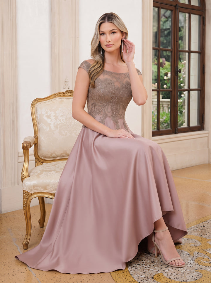 Satin A Line Scoop Neck Pleats Lace Appliques Evening Dresses with Pockets