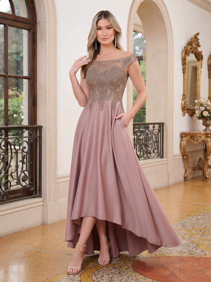 Satin A Line Scoop Neck Pleats Lace Appliques Evening Dresses with Pockets