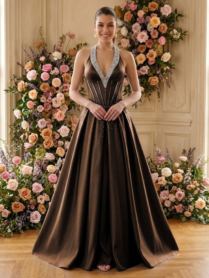 Satin A Line V Neck Pleats Ruched Evening Dresses