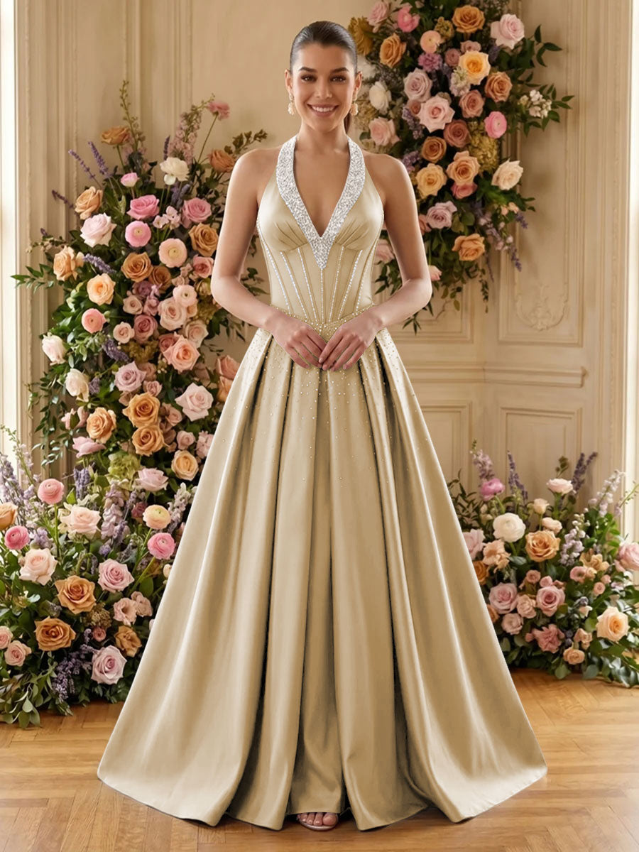 Satin A Line V Neck Pleats Ruched Evening Dresses