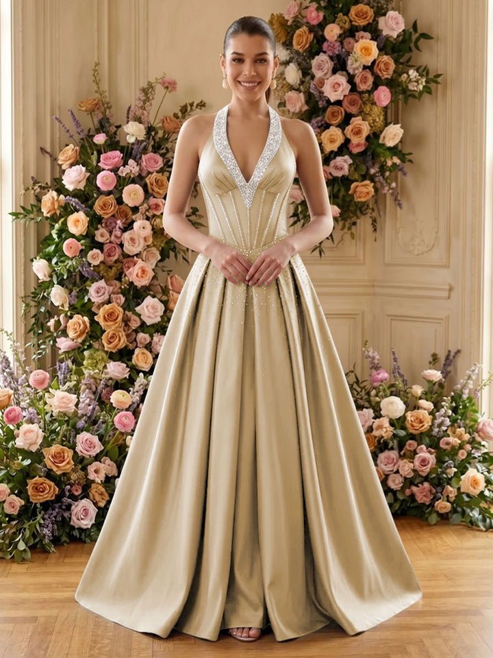 Satin A Line V Neck Pleats Ruched Evening Dresses