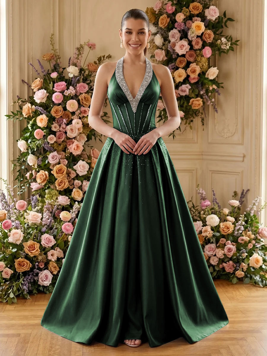 Satin A Line V Neck Pleats Ruched Evening Dresses