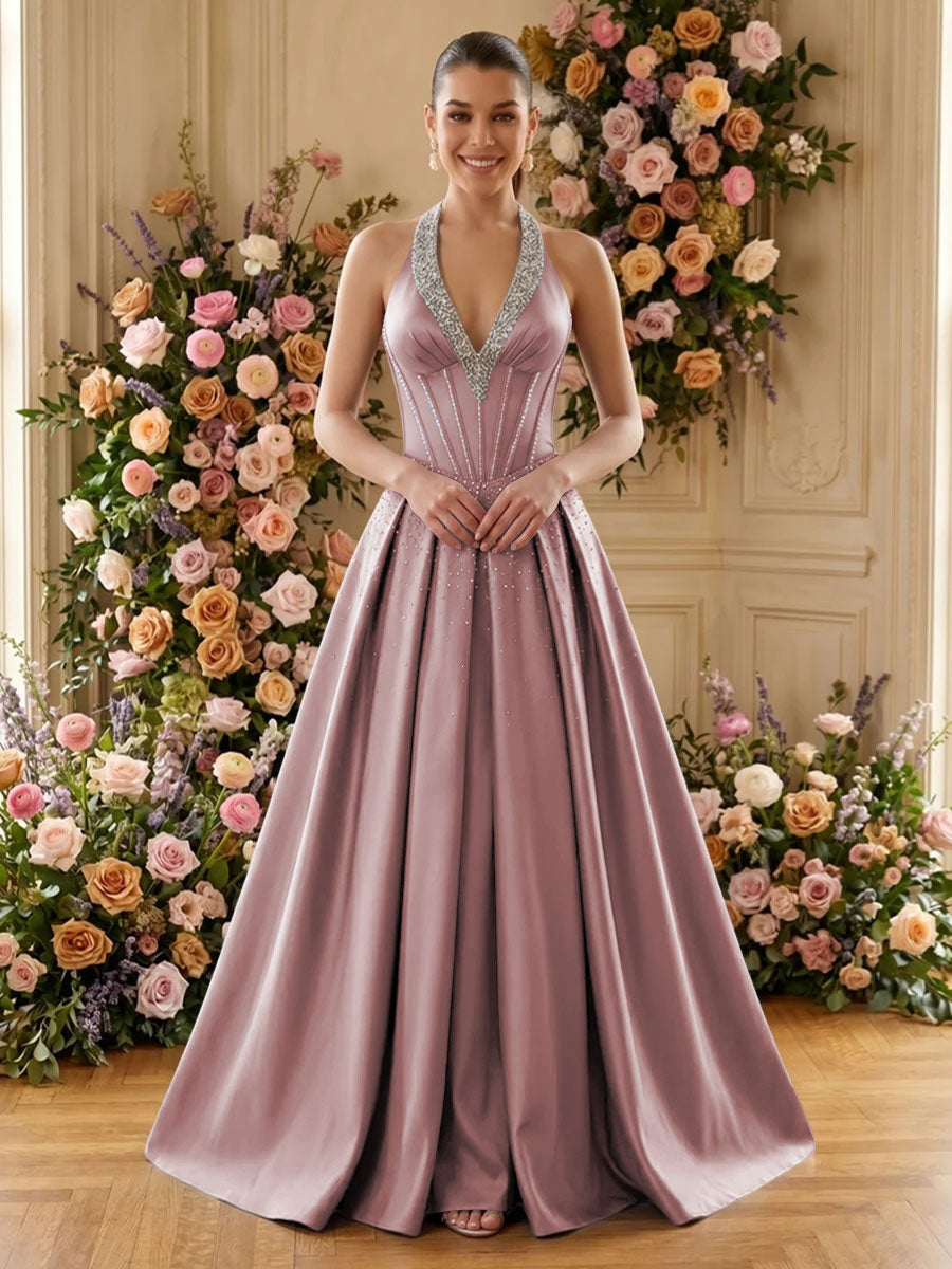 Satin A Line V Neck Pleats Ruched Evening Dresses