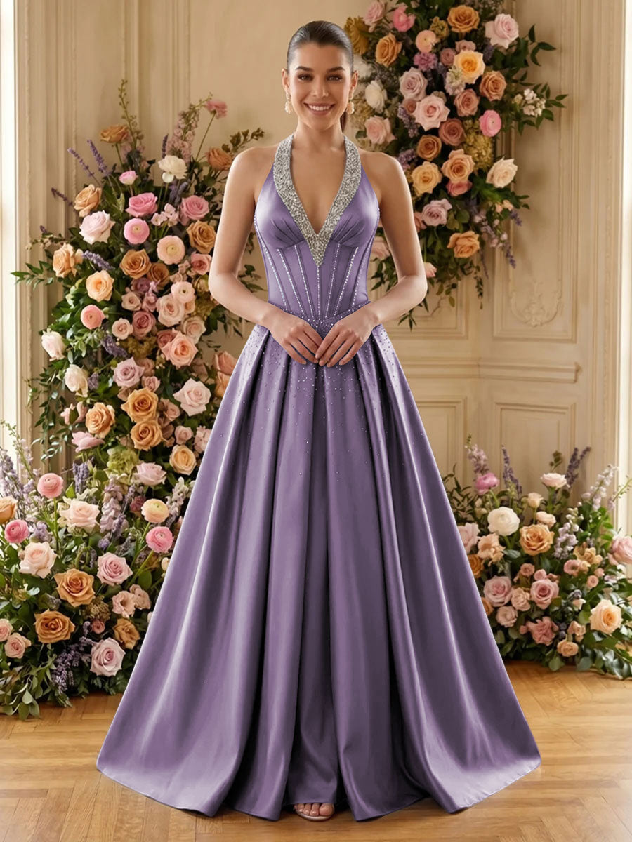 Satin A Line V Neck Pleats Ruched Evening Dresses