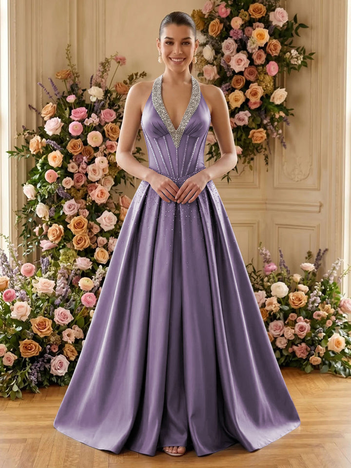 Satin A Line V Neck Pleats Ruched Evening Dresses
