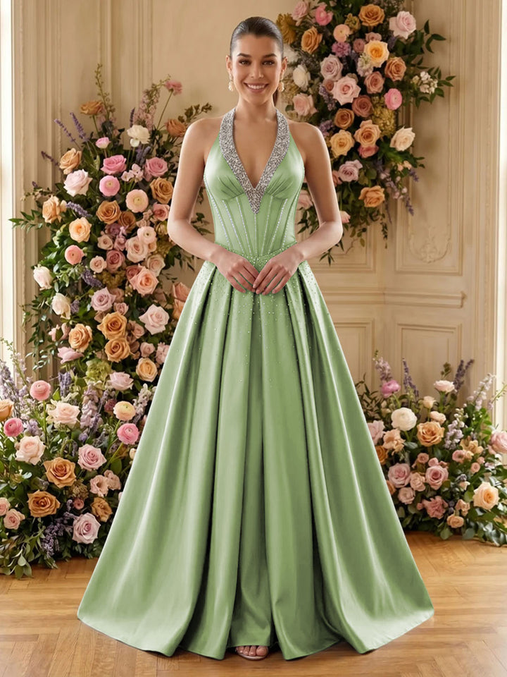 Satin A Line V Neck Pleats Ruched Evening Dresses