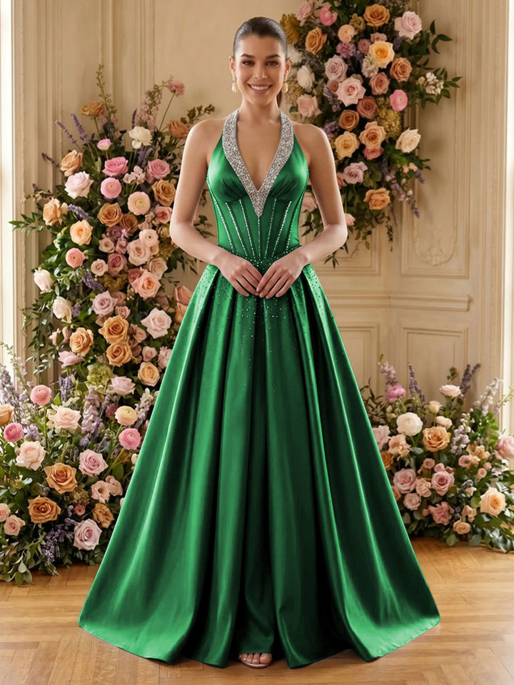 Satin A Line V Neck Pleats Ruched Evening Dresses