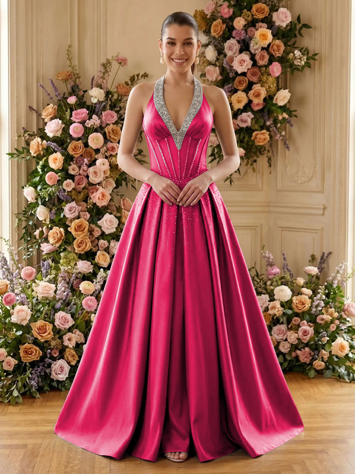 Satin A Line V Neck Pleats Ruched Evening Dresses