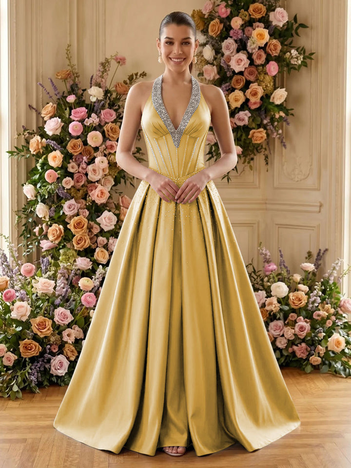 Satin A Line V Neck Pleats Ruched Evening Dresses
