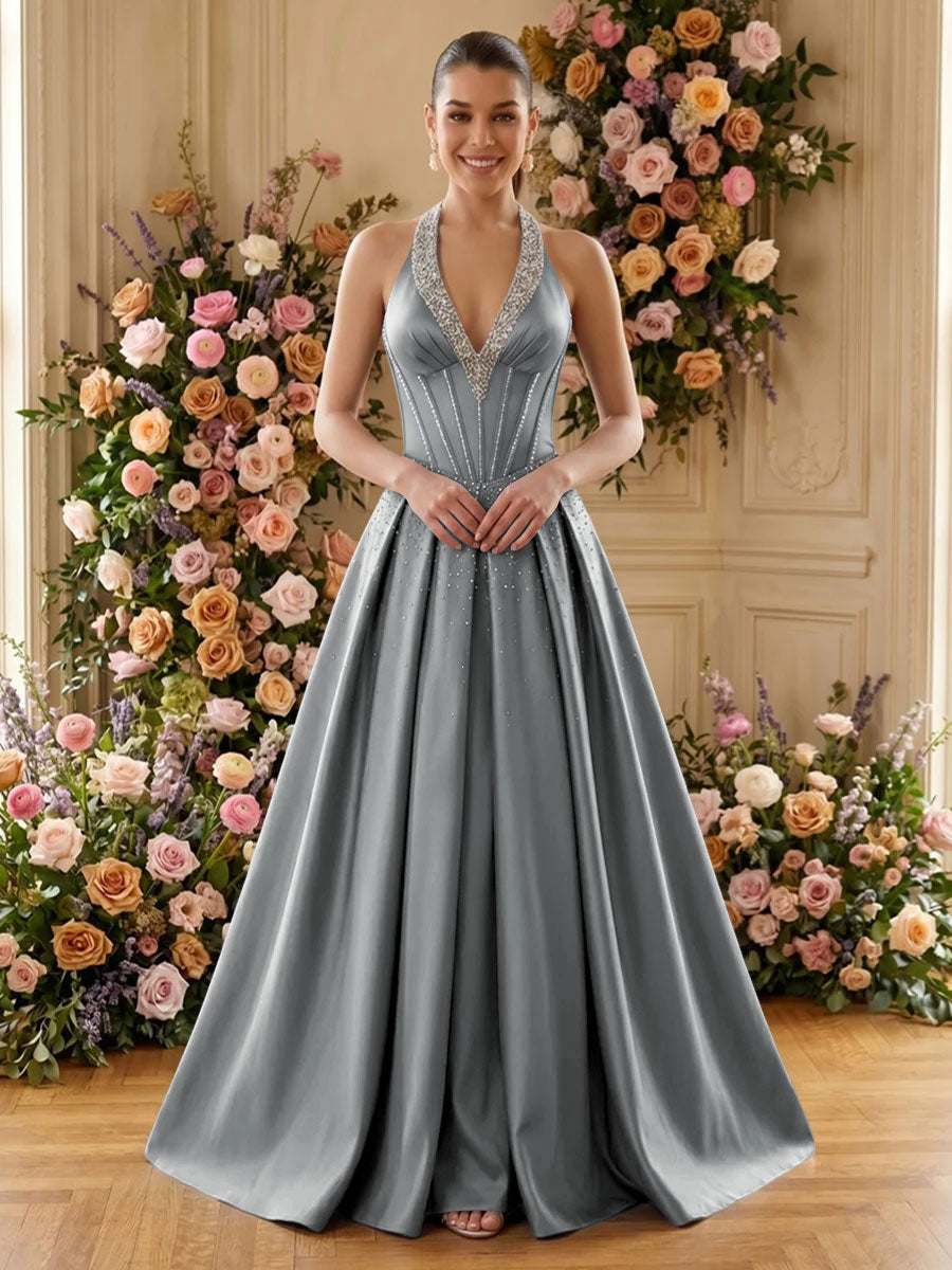 Satin A Line V Neck Pleats Ruched Evening Dresses