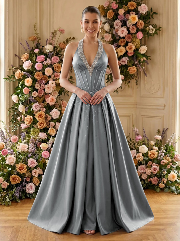 Satin A Line V Neck Pleats Ruched Evening Dresses