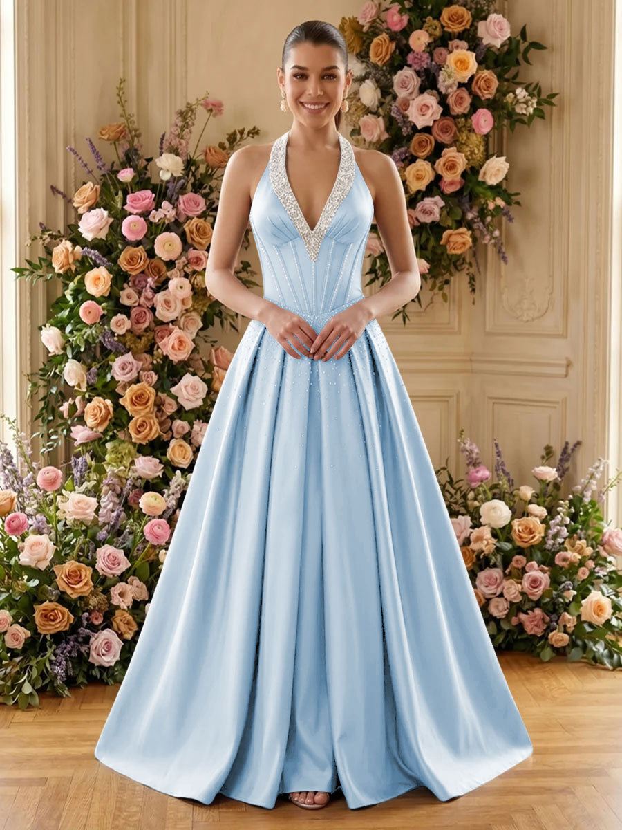 Satin A Line V Neck Pleats Ruched Evening Dresses