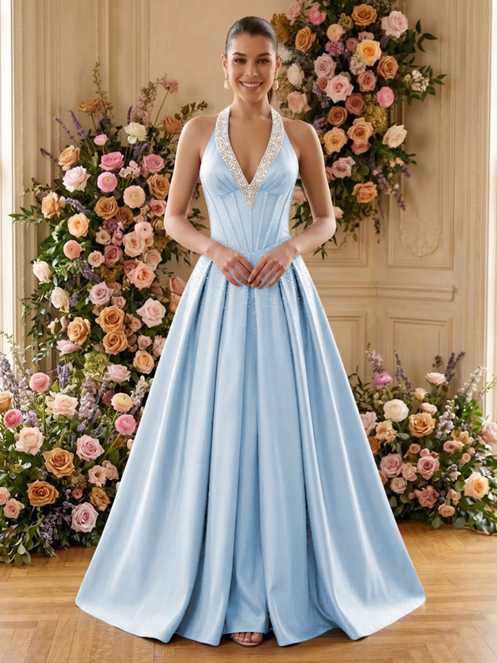 Satin A Line V Neck Pleats Ruched Evening Dresses