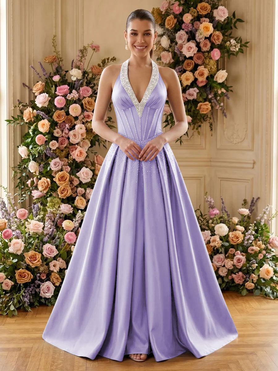 Satin A Line V Neck Pleats Ruched Evening Dresses