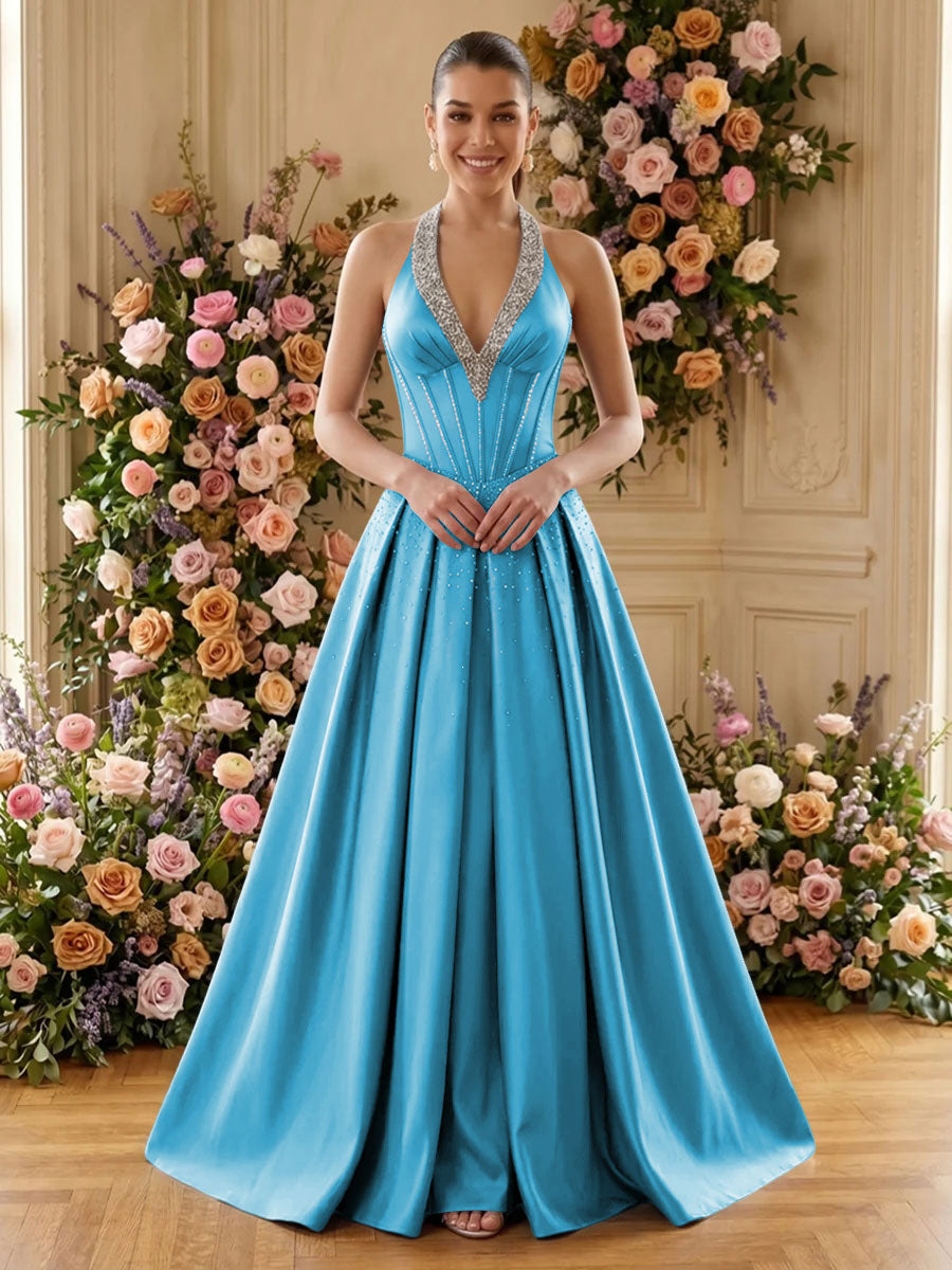 Satin A Line V Neck Pleats Ruched Evening Dresses
