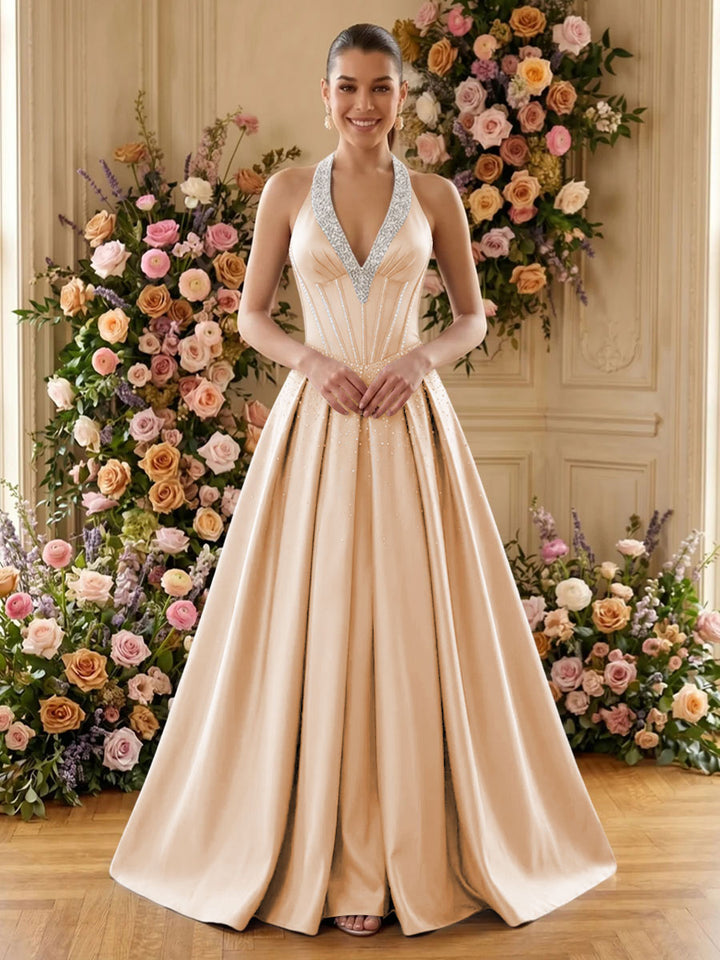 Satin A Line V Neck Pleats Ruched Evening Dresses