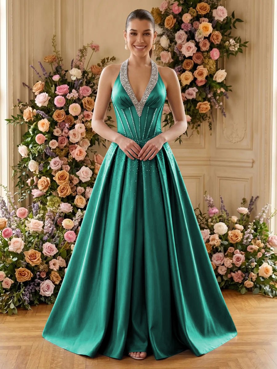 Satin A Line V Neck Pleats Ruched Evening Dresses