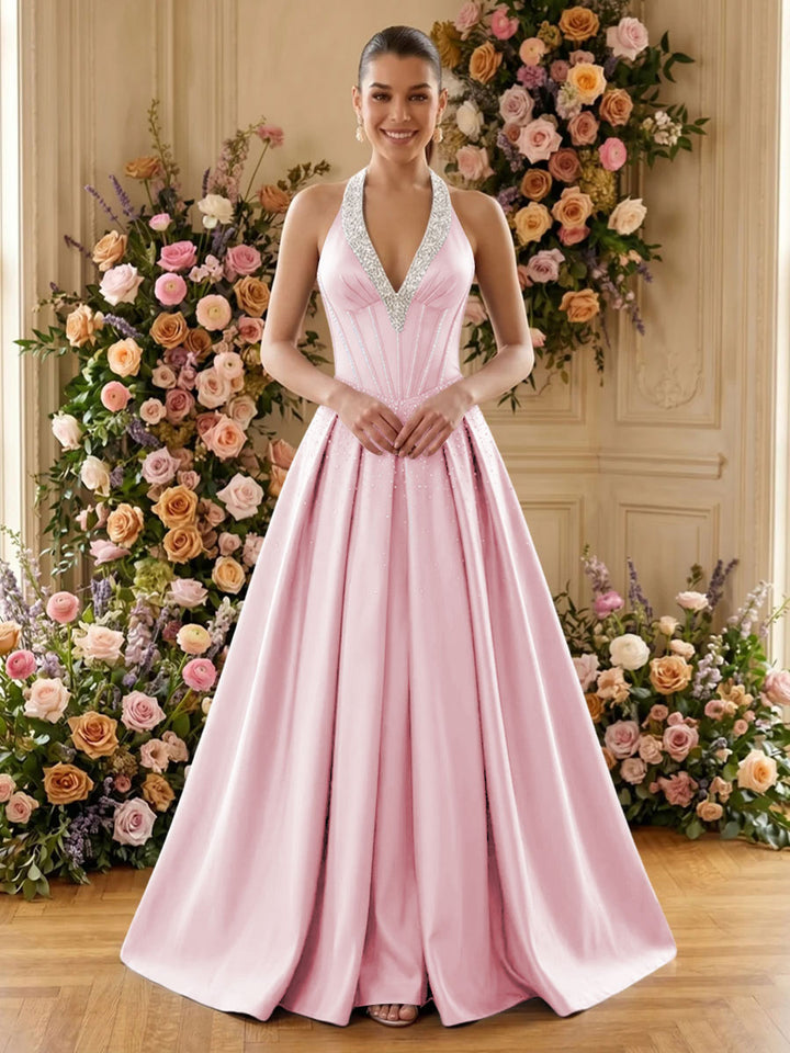 Satin A Line V Neck Pleats Ruched Evening Dresses