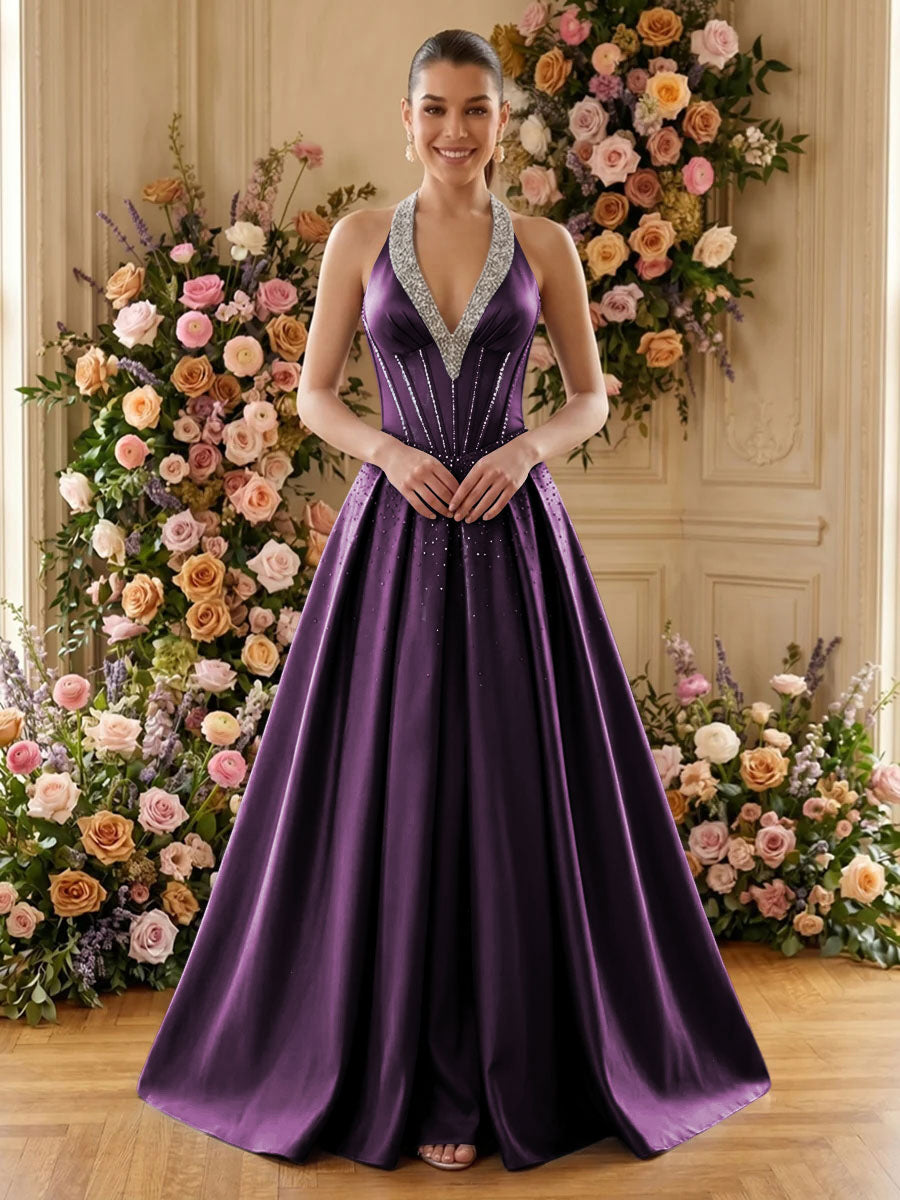 Satin A Line V Neck Pleats Ruched Evening Dresses