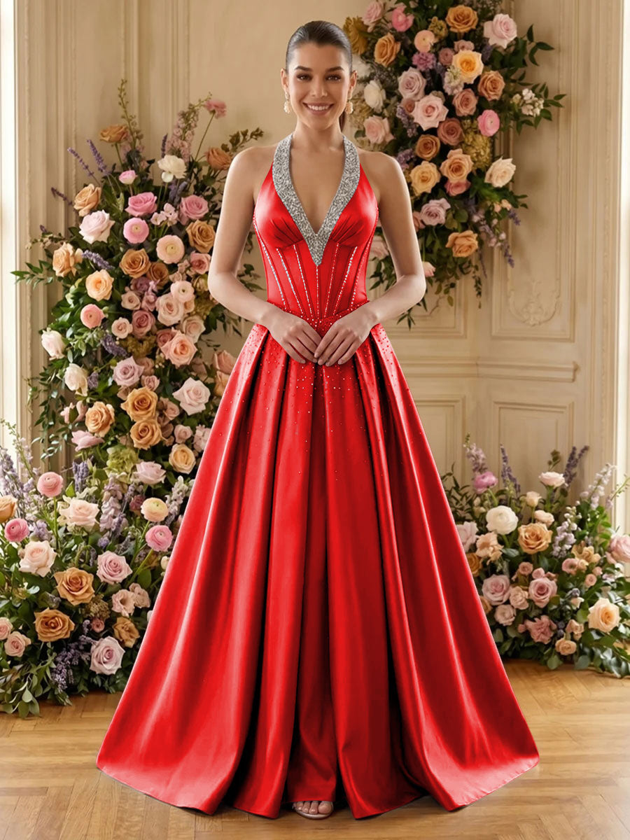 Satin A Line V Neck Pleats Ruched Evening Dresses